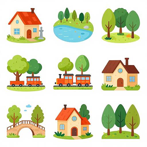 Colorful cartoon illustrations of nine different scenes: houses, trees, train, rivers, and bridges, arranged in a 3x3 grid.