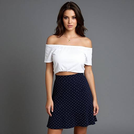 Photograph of a young woman with wavy dark hair, wearing an off-shoulder white crop top and navy blue polka-dot skirt, against