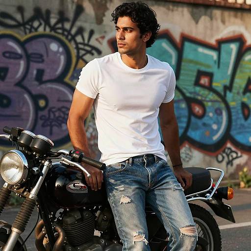 Photograph of a muscular, curly-haired man in a white t-shirt and ripped jeans, leaning on a black motorcycle against a colorful graffiti wall.