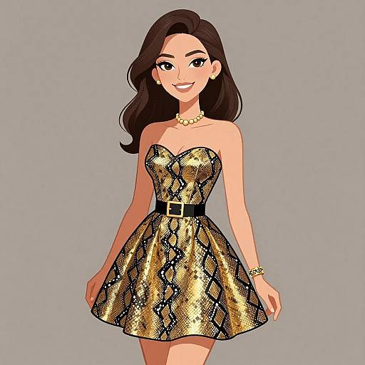 Elegant Woman in Metallic Snake Print Dress