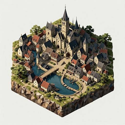 Isometric digital artwork of a medieval village with a central pond, surrounded by stone buildings, steep roofs, and a church with a tall spire,
