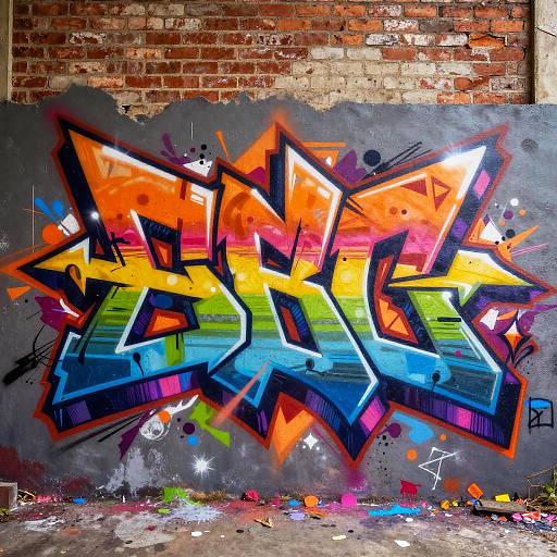 Vibrant graffiti on a weathered brick wall, featuring bold, colorful letters with orange, blue, yellow, and purple highlights, with splatters