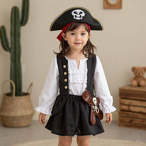 Photograph of a young girl in a black pirate hat, white blouse, and black pinafore dress, standing in a bright room with cactus