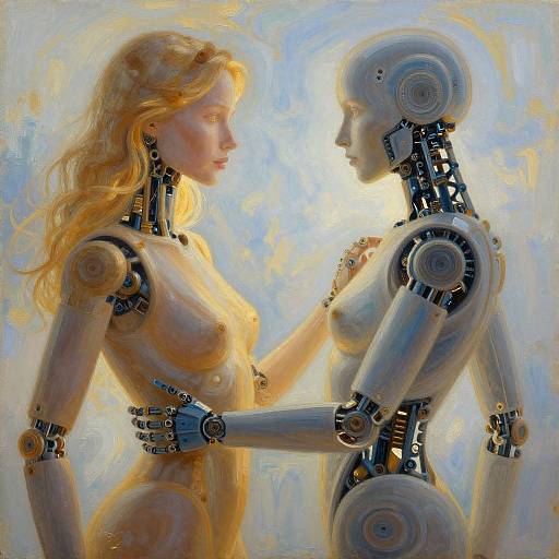 Digital painting of a blonde human female and a robotic figure, both topless, facing each other with tender, intimate gazes. Background features soft,