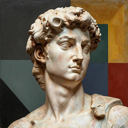 Photograph of a classical marble bust of a young man with curly hair, set against a colorful geometric background. The sculpture displays detailed facial features and a