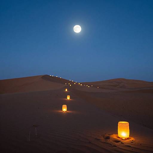 Photograph of a desert night with a full moon, glowing paper lanterns lining a sand dune path, creating a serene, illuminated trail against a