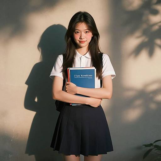 Photograph of an Asian teenage girl with long black hair, wearing a white shirt and black skirt, holding a blue book titled 