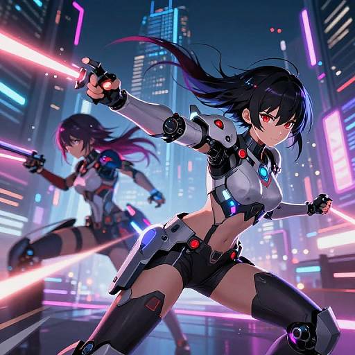 Digital anime artwork of two black-haired female cyborgs with red eyes, wielding glowing neon lightsabers in a vibrant, futuristic cityscape.