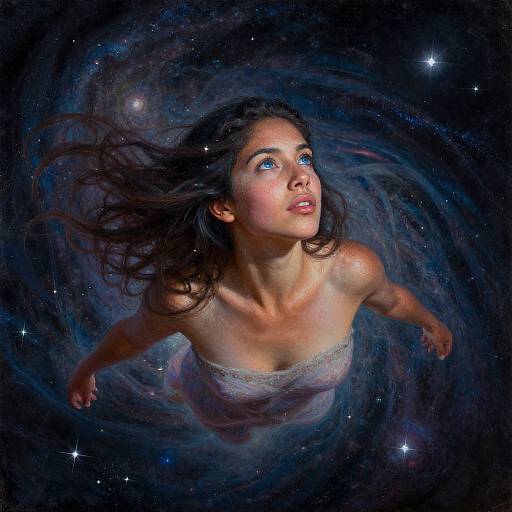 Digital painting of a beautiful woman with flowing dark hair, blue eyes, and a white, strapless dress, floating in a cosmic, starry galaxy