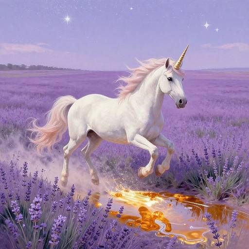 Digital art: A majestic white unicorn with a golden horn gallops through a vibrant purple lavender field, splashing into a glowing orange puddle under a