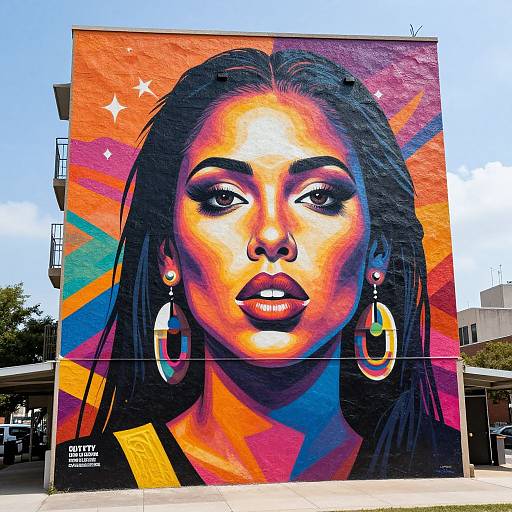 Vibrant graffiti mural of a woman with dark hair, large hoop earrings, and bold makeup, set against a colorful, orange-to-purple background.