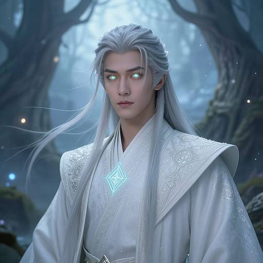 Digital art of a silver-haired, white-robed elf with glowing blue eyes, standing in a mystical, blue-lit forest. Ethereal, magical