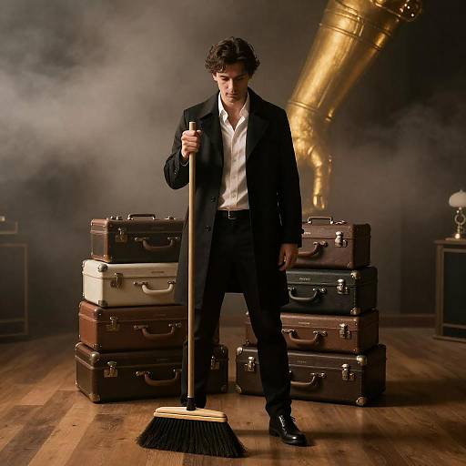 Mysterious Man with Broom in Dim Room