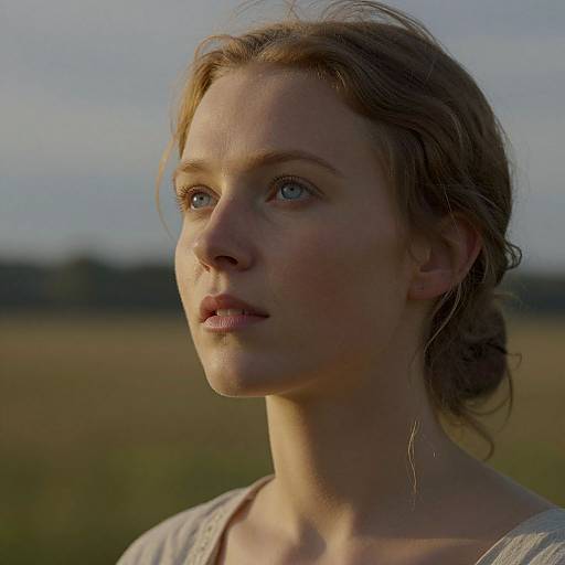 Photograph of a fair-skinned, blue-eyed woman with wavy blonde hair, gazing thoughtfully into the distance, wearing a simple white top