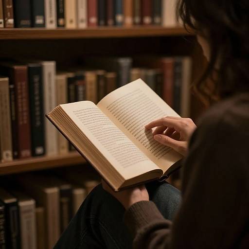 Photograph of person reading an open book in a dimly lit library, with blurred bookshelves in the background.