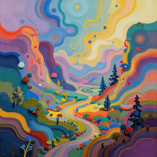 Vibrant, abstract, digital painting of a colorful, swirling landscape with wavy patterns, bright blues, oranges, and yellows, featuring sil