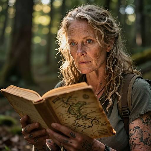 Photograph of a sunlit, wavy-haired, tattooed older woman with intense eyes, reading an antique, map-filled book in a forest.