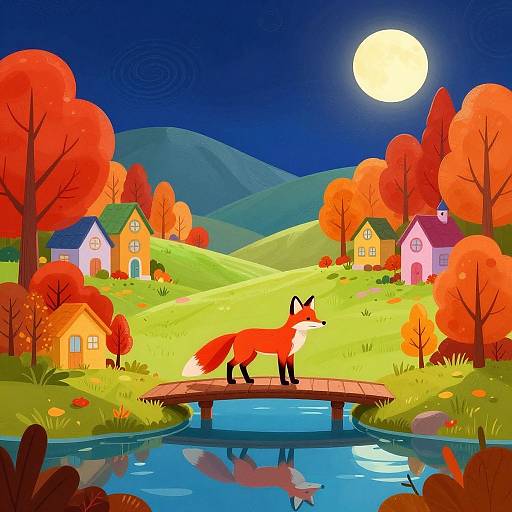 Digital illustration of a vibrant, autumn night village with a red fox on a wooden bridge over a reflective creek, under a full moon, surrounded by colorful