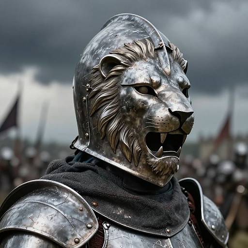 Digital art of a lion-headed knight in silver armor with a roaring face, dark cloak, and cloudy battlefield background.