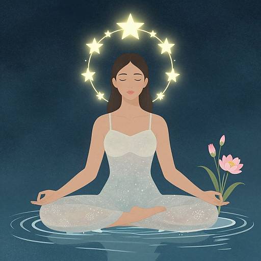 Digital illustration of a serene, dark-haired woman in a white, sparkly dress meditating cross-legged in water, surrounded by glowing stars and pink lot