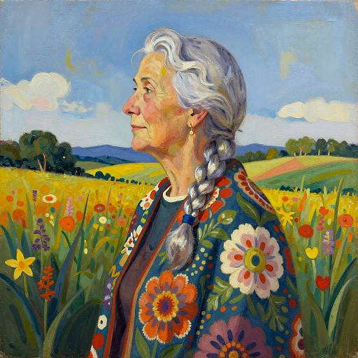 Gouache O'Keeffe-Style Elderly Woman Landscape