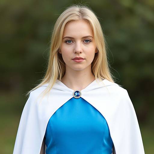Photograph of a young blonde woman with fair skin, blue eyes, wearing a white cape with a blue dress, standing in a forest background.