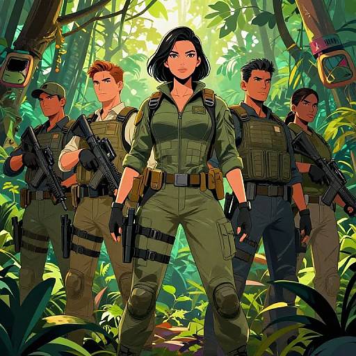 Digital artwork of five armed, rugged, diverse soldiers in green tactical gear standing confidently in a sunlit, dense jungle. Central woman leads, hands on