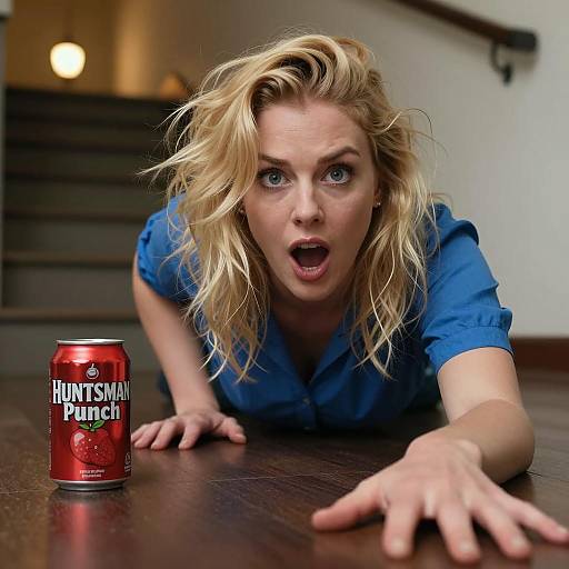 Surprised Blonde Woman Crawling on Floor