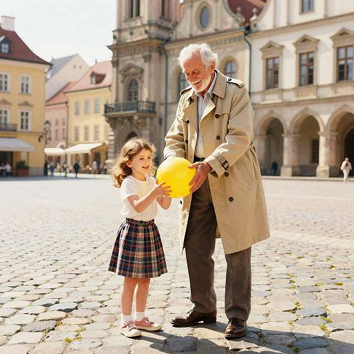Photograph of an elderly man with white hair in a beige coat, holding a yellow balloon, standing beside a young girl in a plaid skirt and