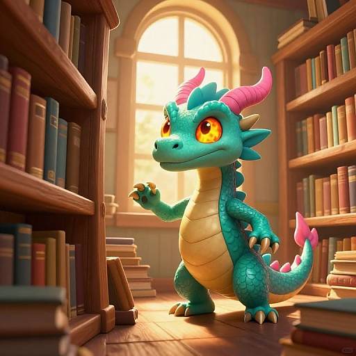 CGI illustration of a cute, turquoise dragon with pink horns and yellow eyes, standing in a sunlit library among stacked books.