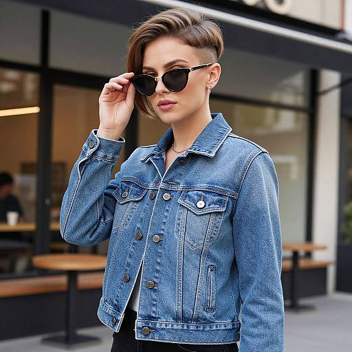 Photograph of a stylish woman with short brown hair, wearing black sunglasses, a blue denim jacket, and black pants, standing outside a modern café.
