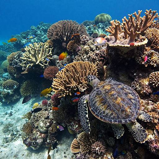 Vibrant underwater photograph of a coral reef, featuring diverse corals, colorful fish, and a jellyfish, set against a clear blue ocean background