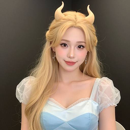 Digital portrait of an Asian woman with long blonde hair, white horns, and a white, puffed-sleeve dress, smiling against a black background