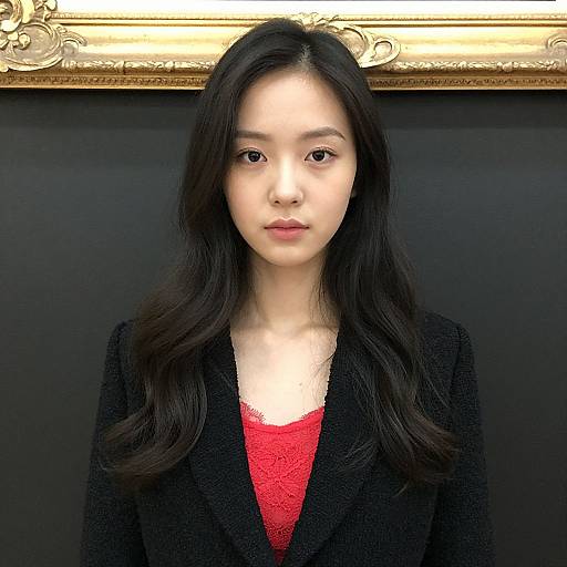 Photograph of an East Asian woman with long black hair, wearing a black blazer over a red lace top, standing against a dark background with an