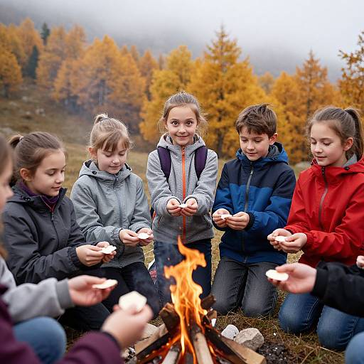 Photograph of five children in autumn jackets, sitting around a campfire, roasting marshmallows in a forest with orange-leaved trees.
