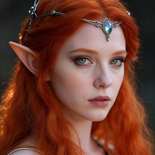 Digital artwork of a pale-skinned, red-haired elf with pointed ears, green eyes, and a jeweled tiara, set against a dark background