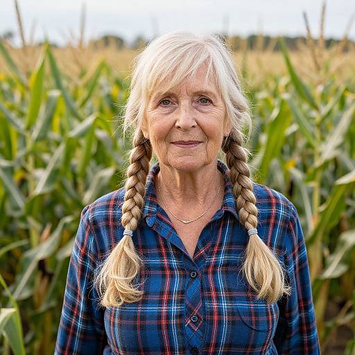 Photograph of an elderly woman with long blonde hair in braids, wearing a blue plaid shirt, standing in a cornfield.
