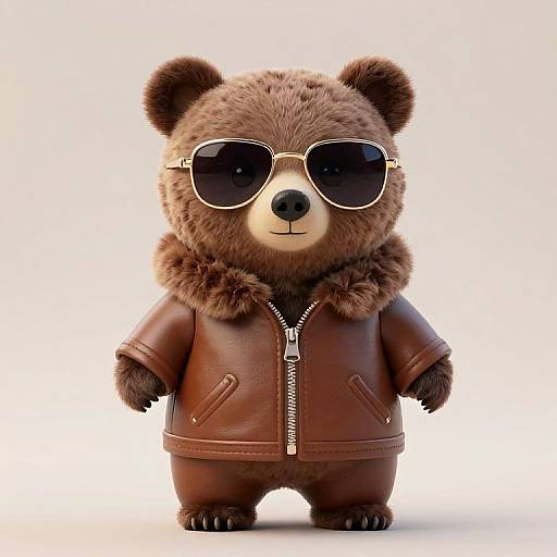 Cute digital illustration of a brown bear wearing aviator sunglasses and a brown leather jacket, standing against a white background.