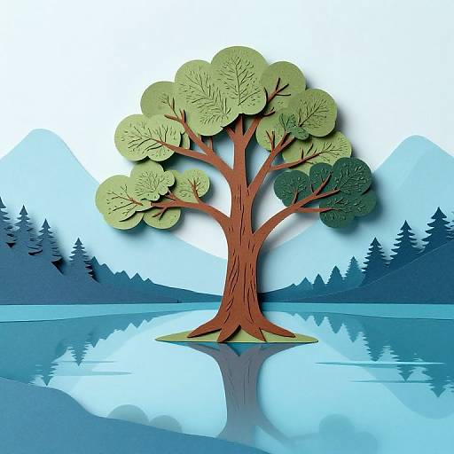 Digital illustration of a stylized tree with layered green leaves, brown trunk, and reflection in a calm blue lake, surrounded by blue mountains and pine trees