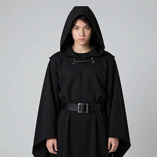 Photograph of a young Asian woman with light skin, wearing a black hooded cloak with a belt, standing against a plain white background.