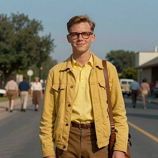 Young Man in Retro Yellow Outfit on Sunny Street