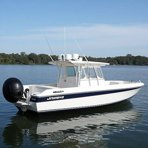 Photograph of a white, single-engine fishing boat with black outboard motor, labeled 