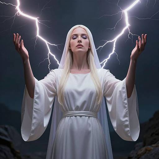 Photograph of a blonde woman with long hair, wearing a white robe and veil, standing under a dark sky with bright lightning bolts, arms raised.