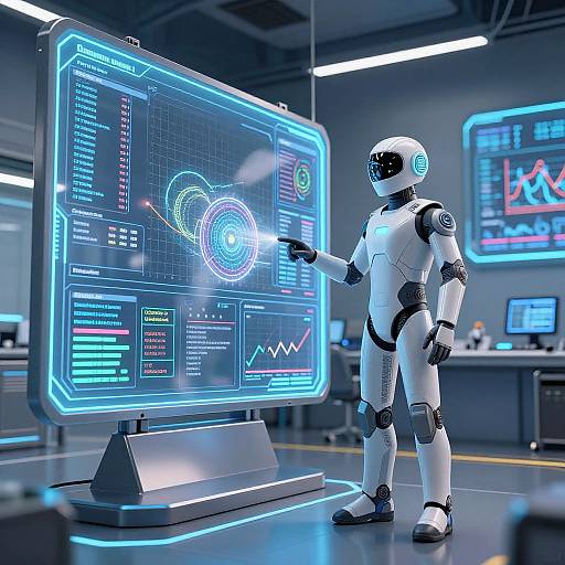 Photorealistic CGI: White humanoid robot with black accents points at a glowing, blue-lit holographic control panel in a futuristic laboratory.
