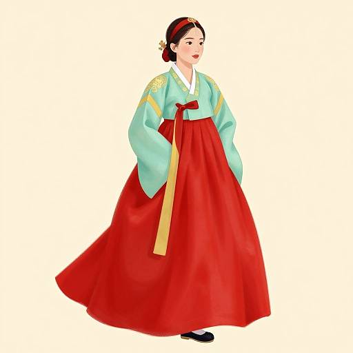 Digital illustration of an Asian woman in traditional Korean hanbok, wearing a light blue top with gold embroidery, red skirt, and black shoes, with