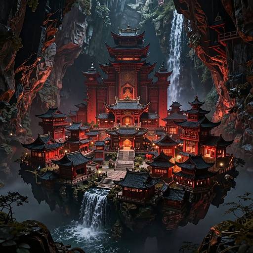 Digital fantasy artwork of a vibrant red, multi-tiered Asian temple complex nestled between towering cliffs, surrounded by cascading waterfalls and lush greenery.