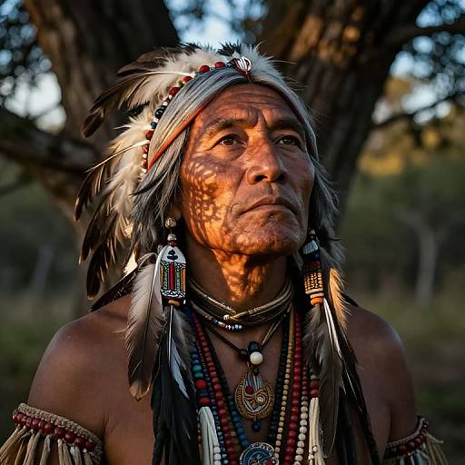 Photograph of an elderly Native American man with sun-kissed brown skin, adorned with feathered headband, beaded necklaces, and traditional