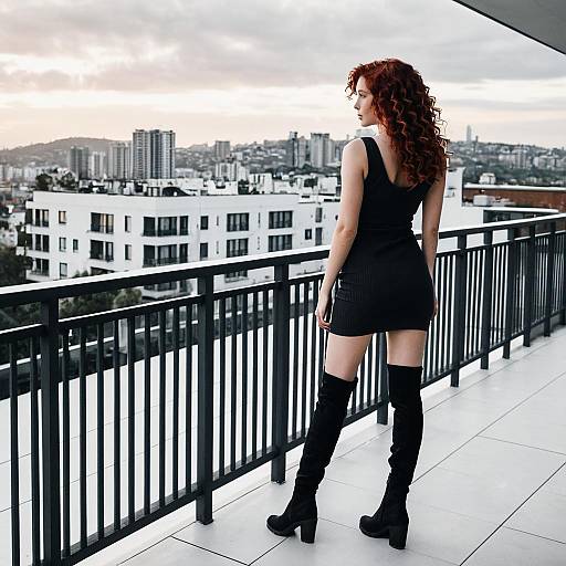 Redhead Woman in Black Bodycon Dress on Balcony