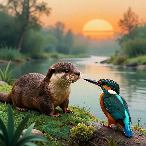 Playful Otter Meets Kingfisher on Misty Bank