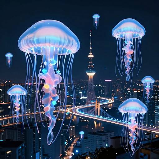 Nighttime photograph of illuminated jellyfish floating above a cityscape with the Taipei 101 tower and a lit bridge in the background.